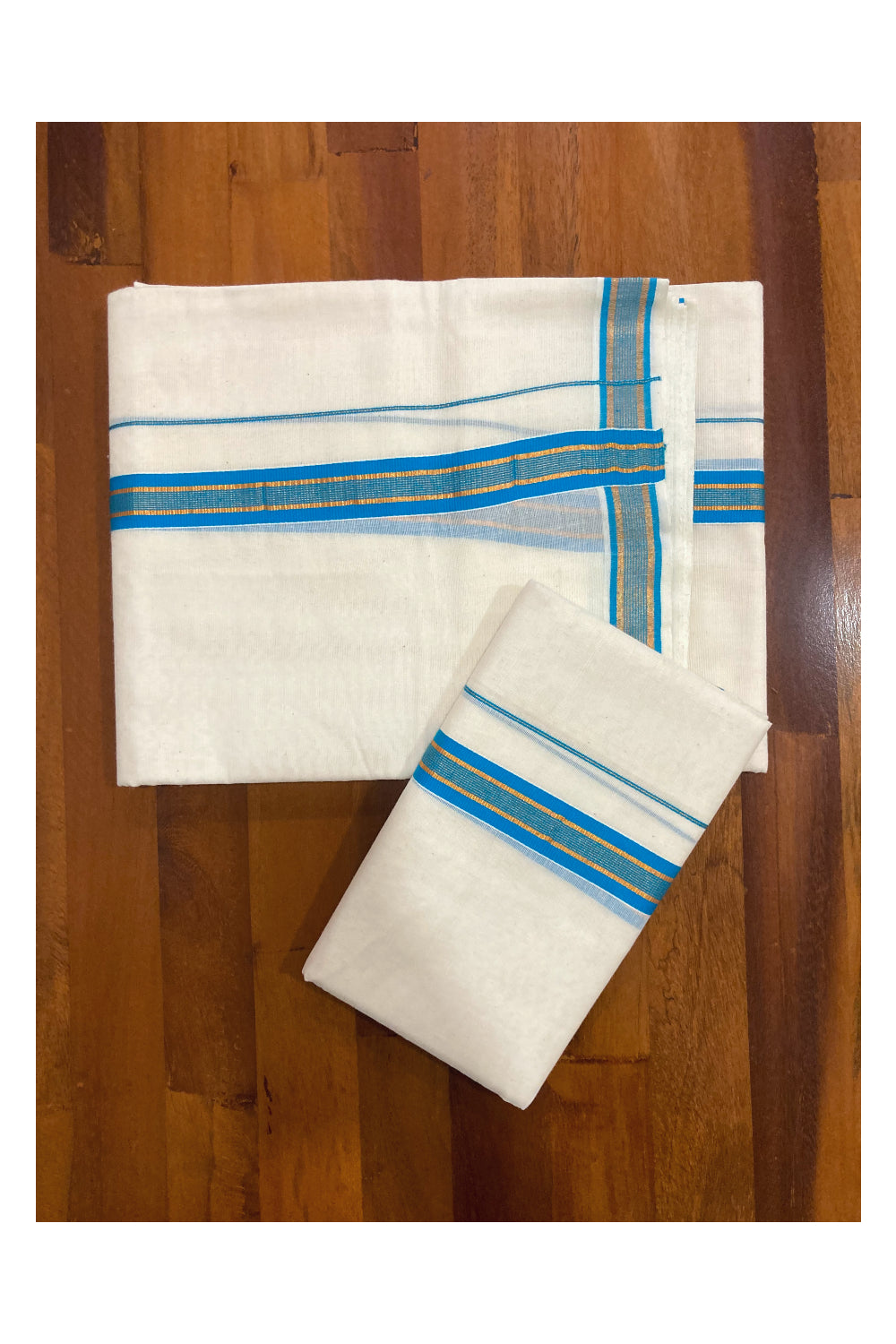 Mundum Neriyathum Double (Set Mundu) with Blue and Kasavu Border