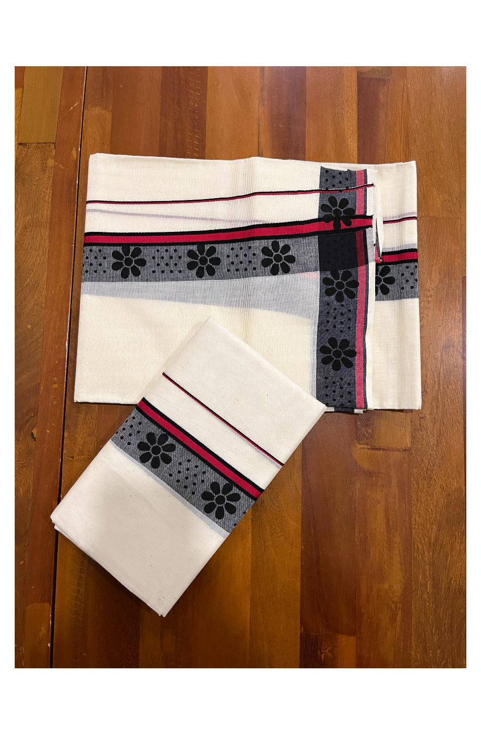 Kerala Cotton Set Mundu (Mundum Neriyathum) with Black Block Prints on Black Red Border 2.80 Mtrs