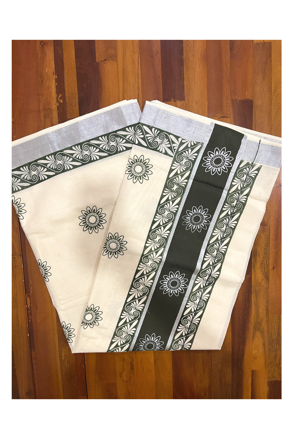 Pure Cotton Kerala Saree with Green Block Prints and Silver Kasavu Border (Onam Saree 2023)