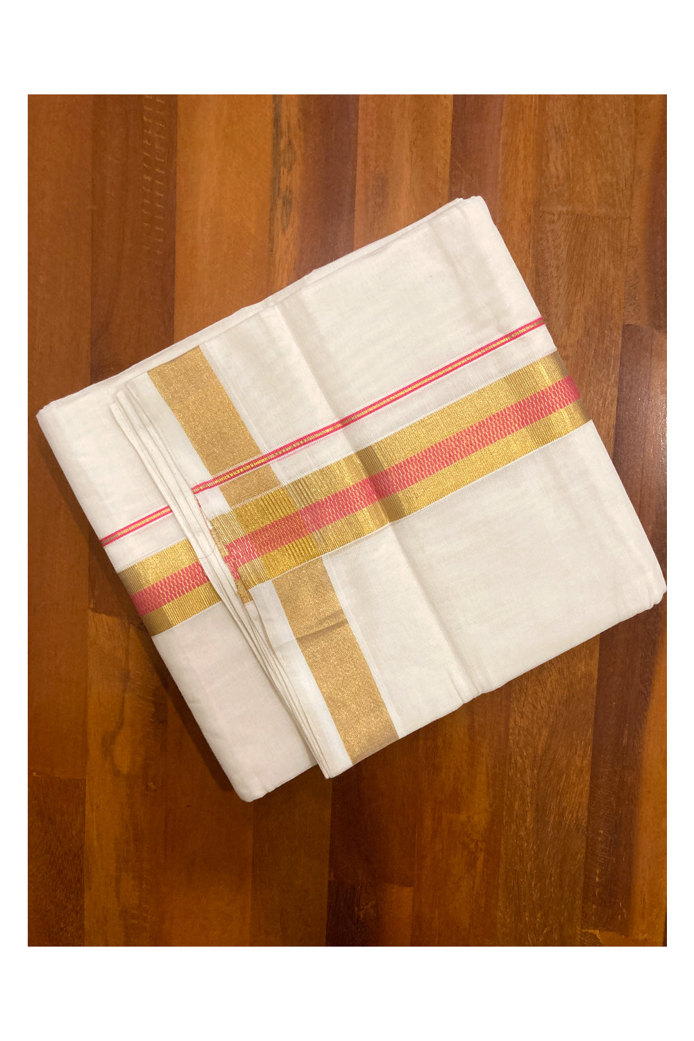 Southloom Premium Handloom Pure Cotton Mundu with Kasavu and Peach Border (South Indian Dhoti)