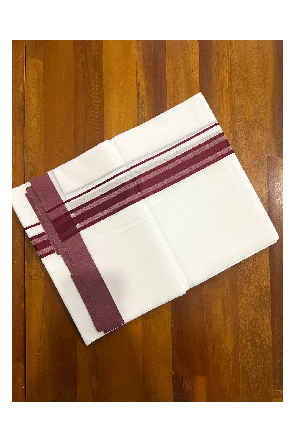 Pure White Cotton Double Mundu with Maroon Line Border (South Indian Dhoti)