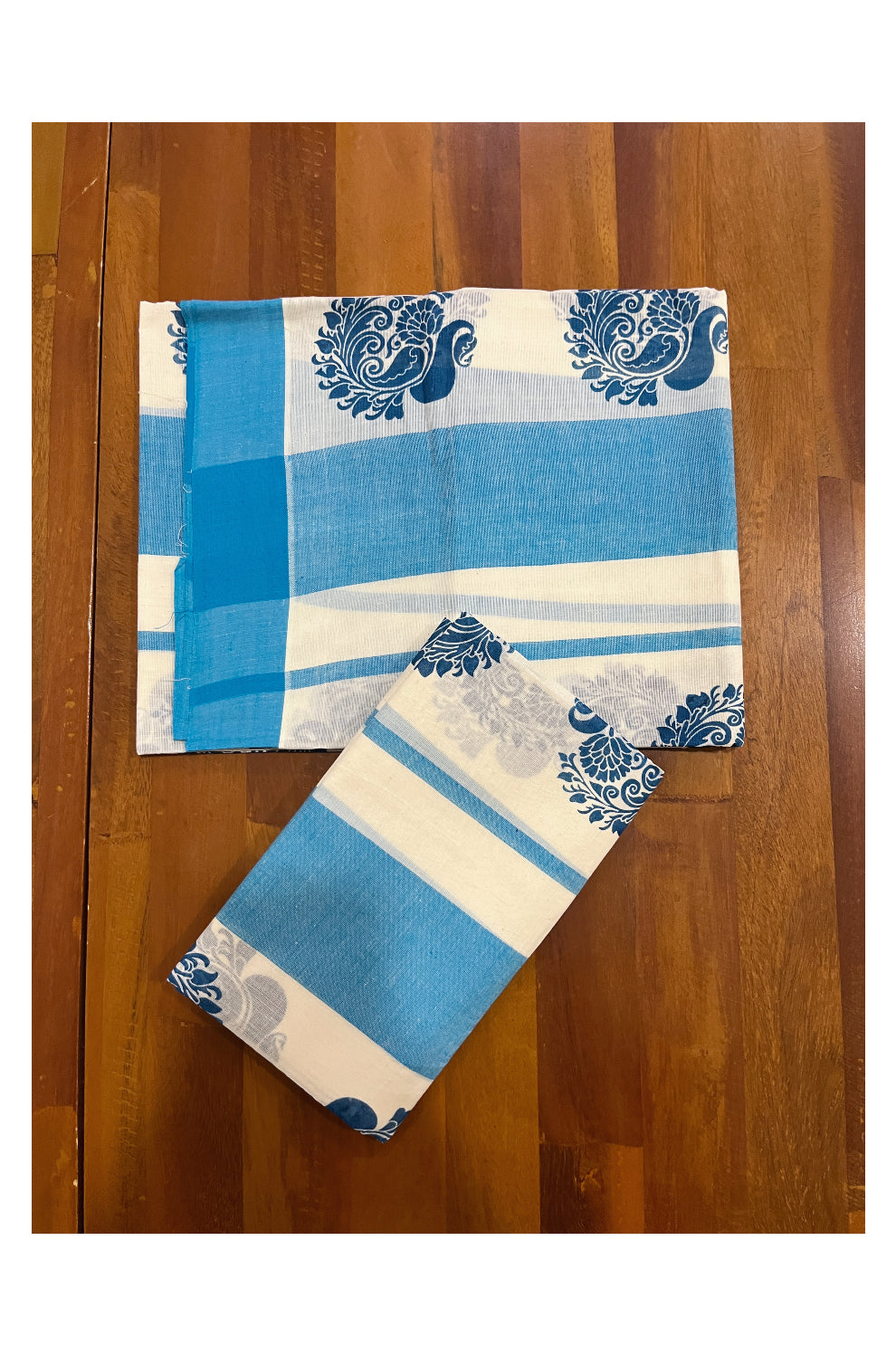 Pure Cotton Single Set Mundu (Mundum Neriyathum Onam 2023) with Blue Block Prints and Border