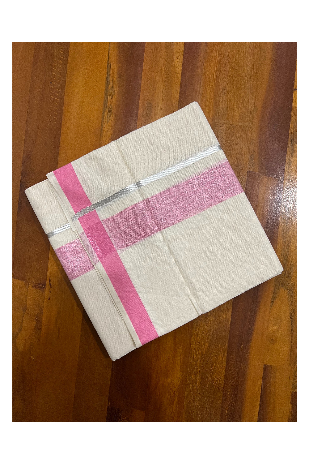 Pure Cotton Off White Double Mundu with Pink and Silver Kasavu Border (South Indian Dhoti)