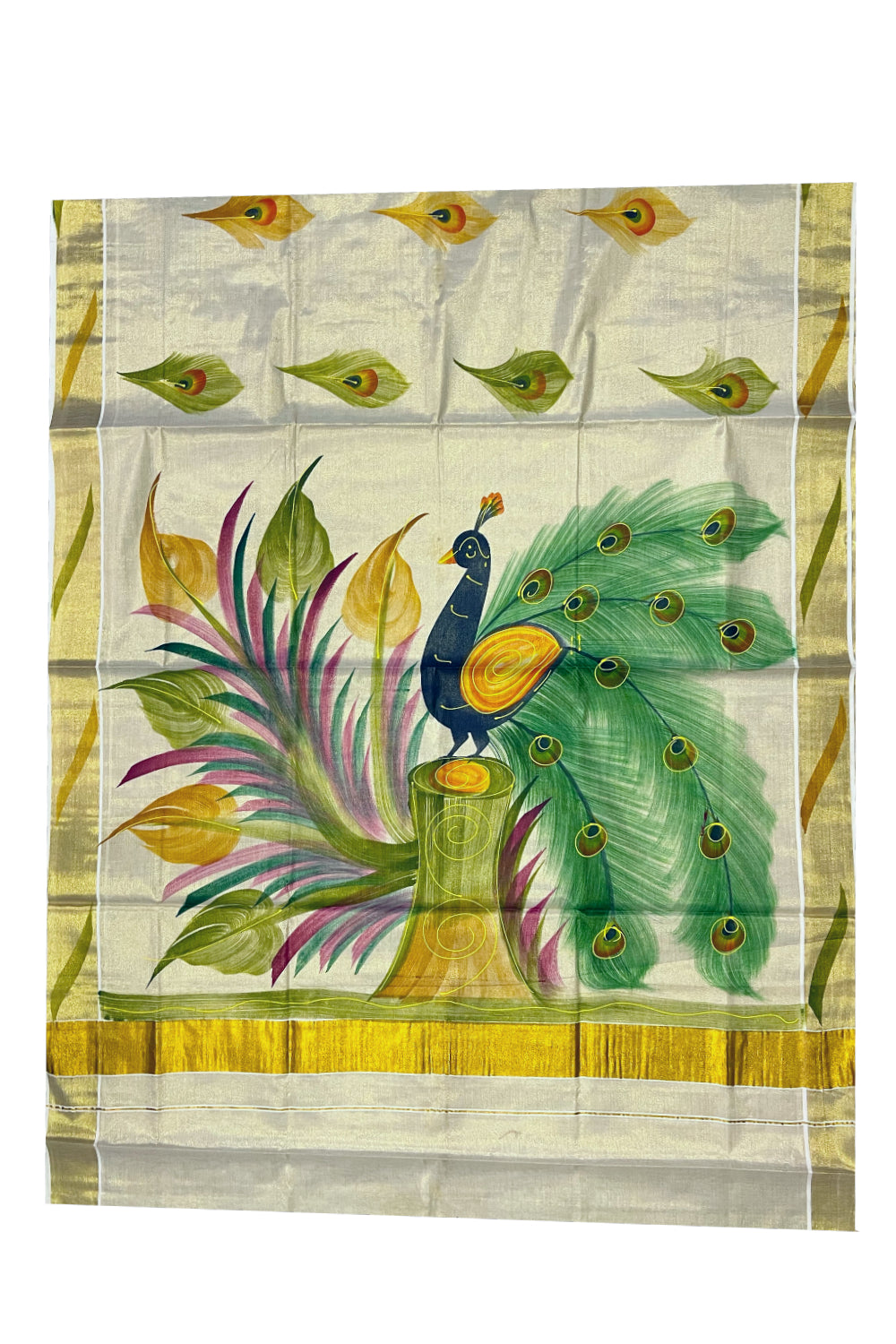 Kerala Tissue Kasavu Saree with Hand Painted Peacock Design