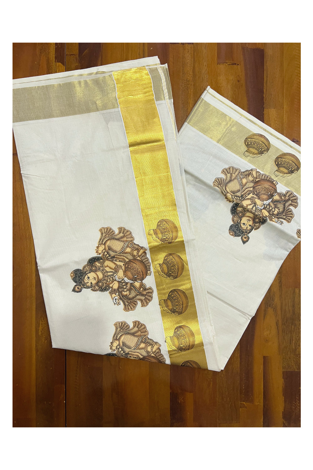 Pure Cotton Kerala Kasavu Saree with Mural Printed Brown Baby Krishna Design