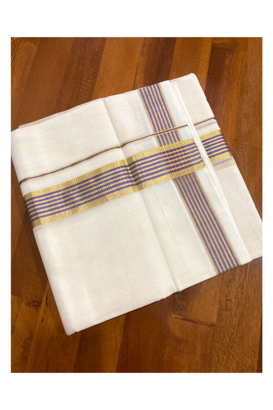 Southloom Premium Handloom Cotton Off White Mundu with Violet and Kasavu Border (South Indian Dhoti)