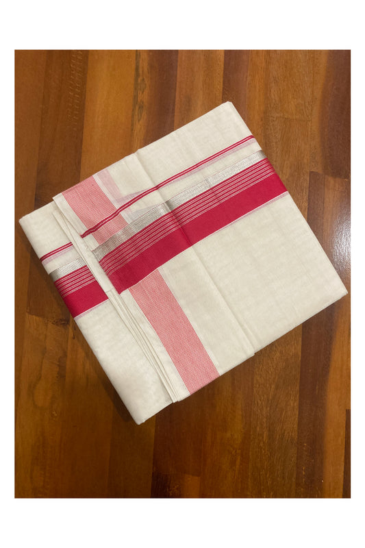 Off White Pure Cotton Double Mundu with Silver Kasavu and Red Border (South Indian Dhoti)