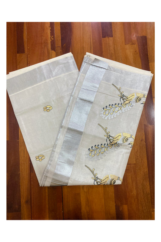 Kerala Silver Tissue Kasavu Saree with Black Golden Peacock Embroidery Works