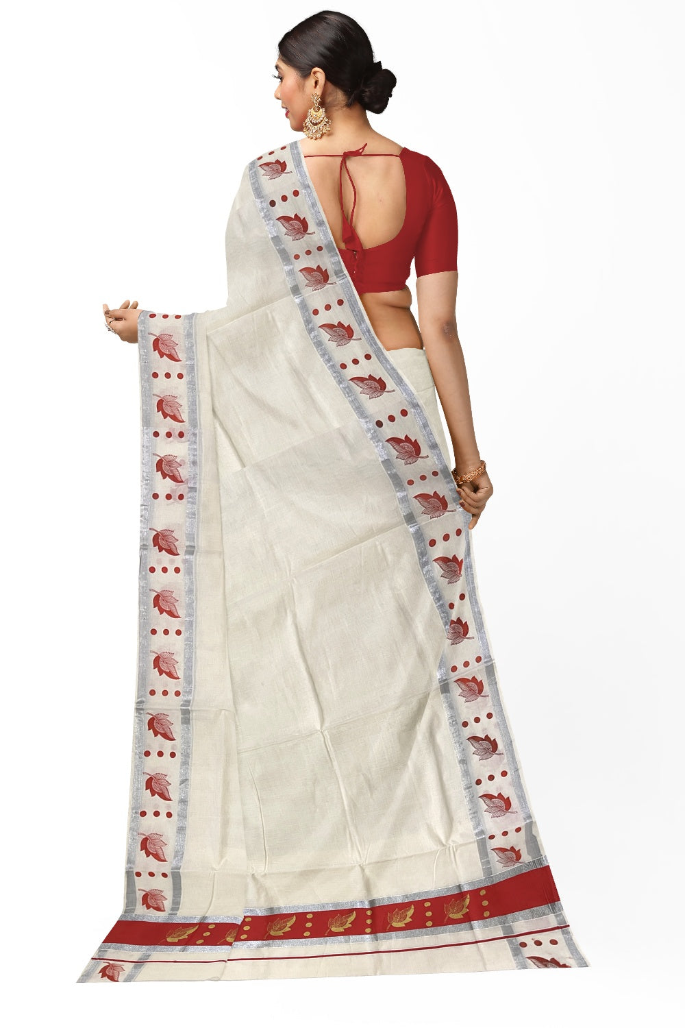 Pure Cotton Kerala Saree with Golden Leaf Block Prints on Silver Kasavu and Peach Pallu