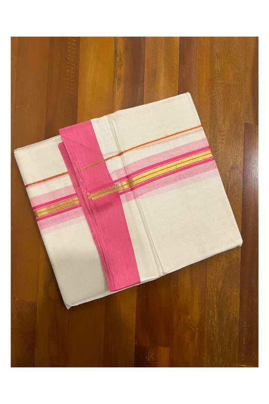 Off White Kerala Double Mundu with Kasavu and Pink Border (South Indian Dhoti)