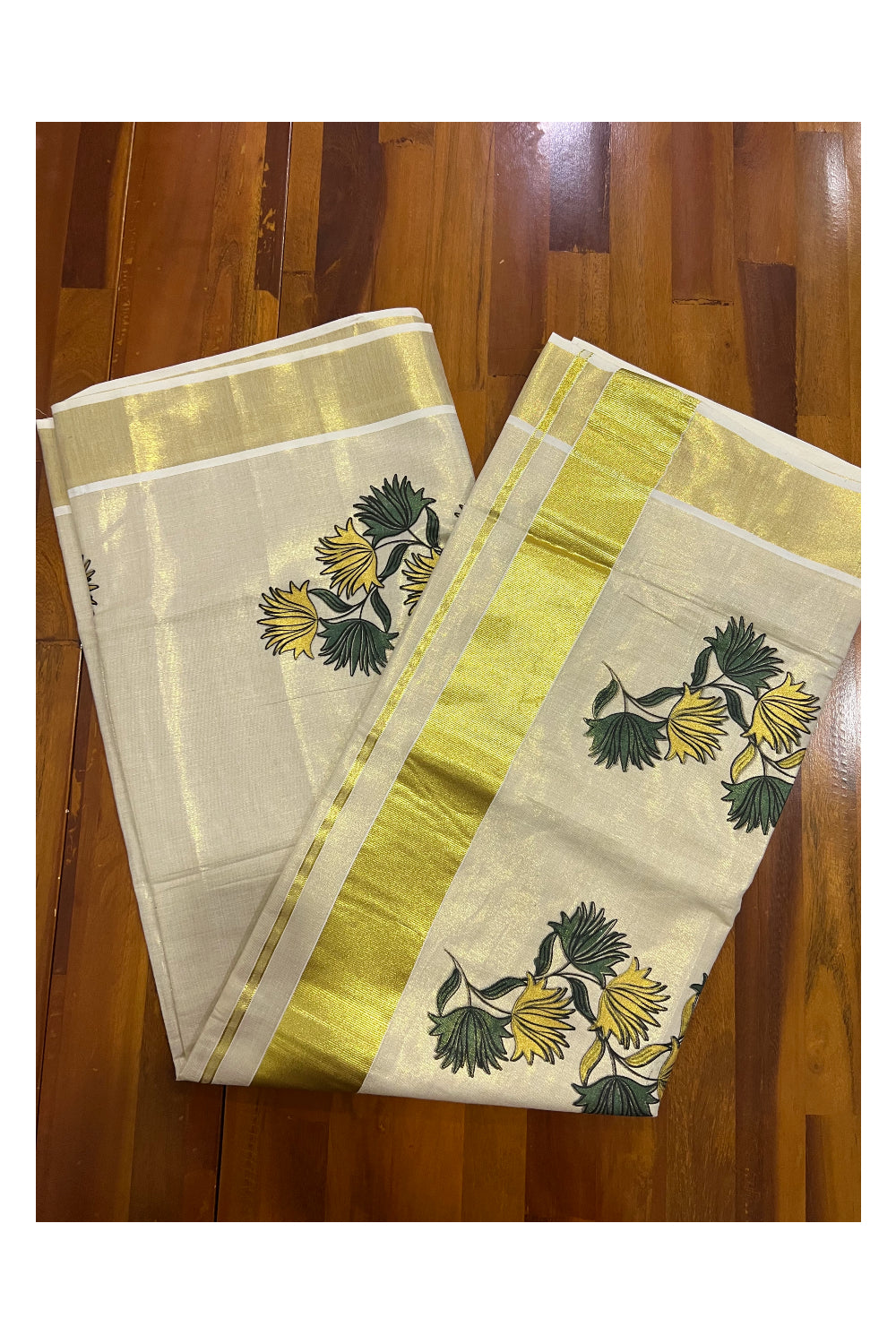 Kerala Tissue Kasavu Saree With Mural Printed Green and Yellow Floral Design