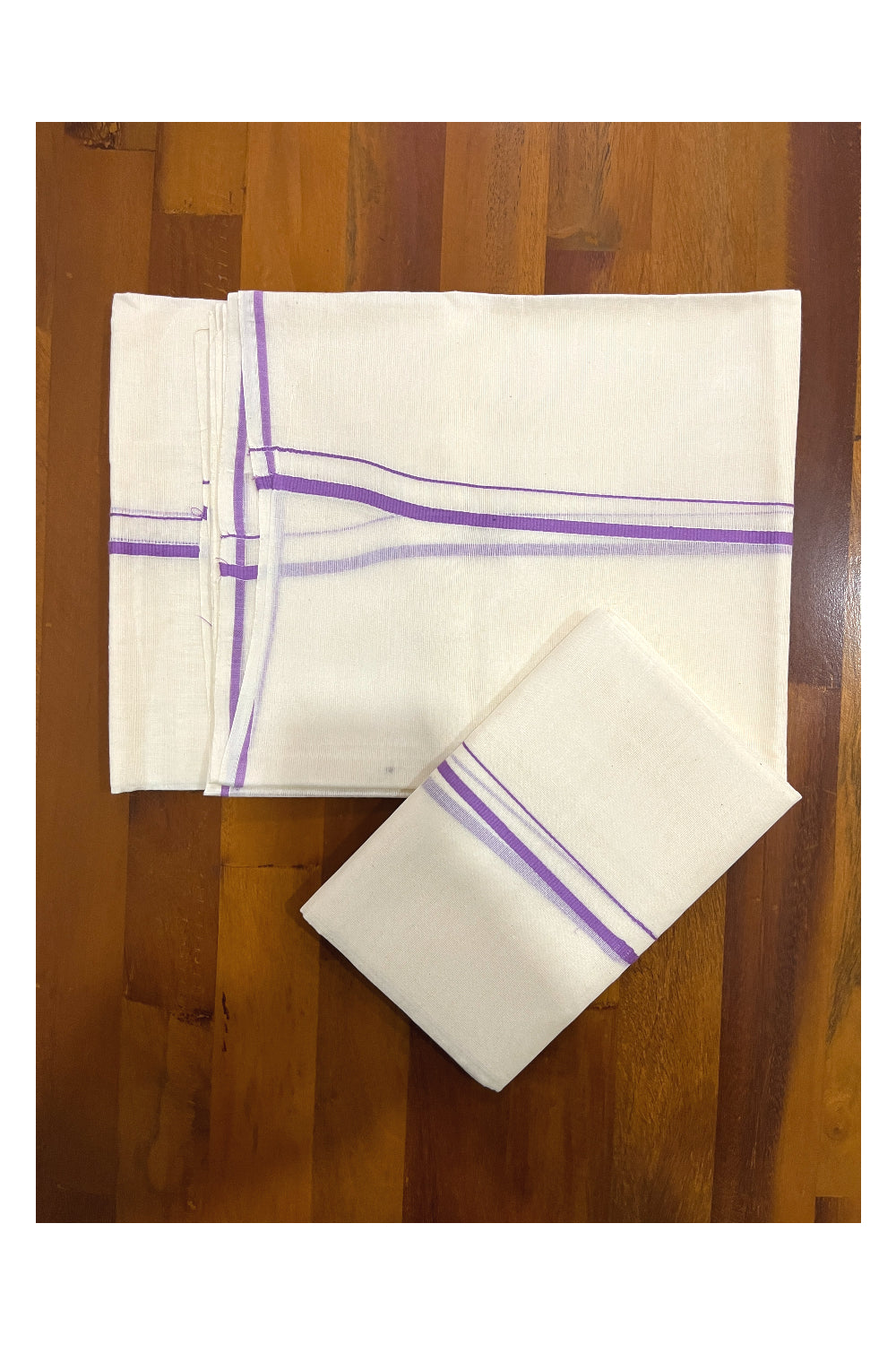 Kerala Cotton Mundum Neriyathum Single (Set Mundu) with Violet Line Border