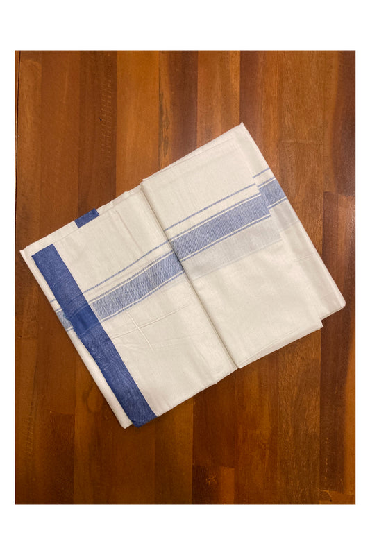 Southloom Premium Handloom Pure White Solid Single Mundu (Lungi) with Blue Border