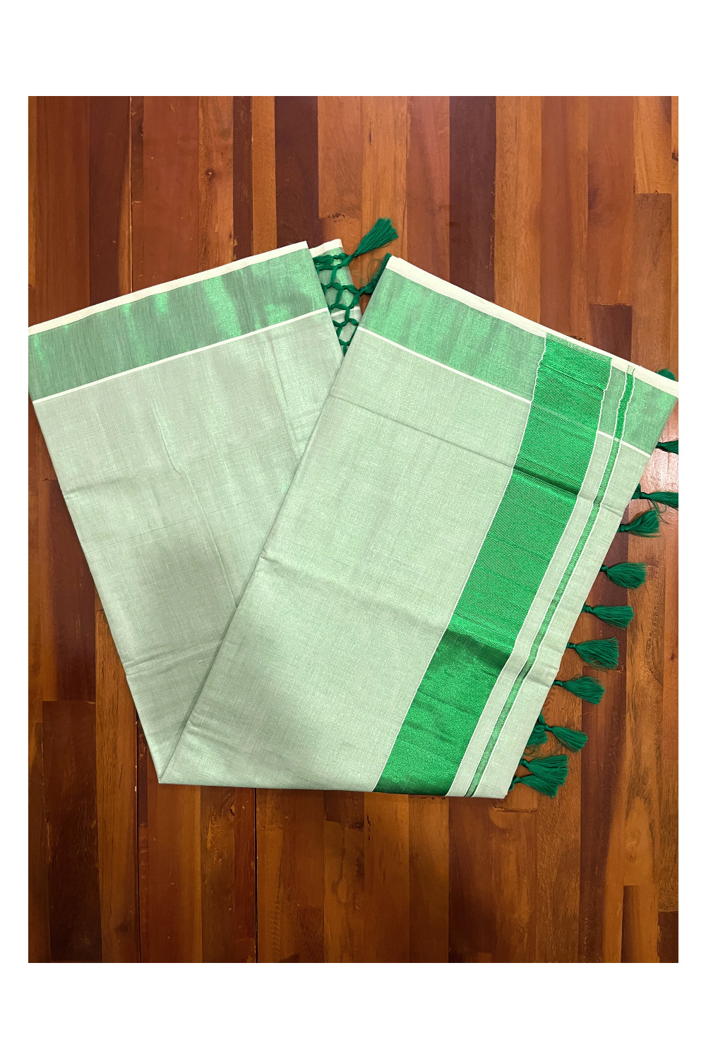 Kerala Tissue Green Kasavu Plain Saree with 3 Inch Border and Tassels Works on Pallu (Onam Saree 2023)