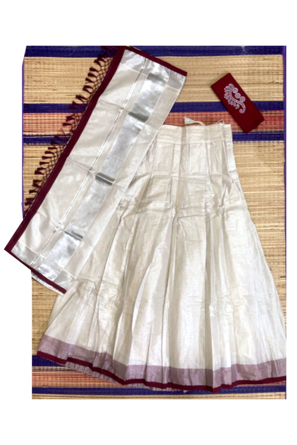 Semi Stitched Dhavani Set with Silver Tissue Pavada and Maroon Bead Work Blouse Piece
