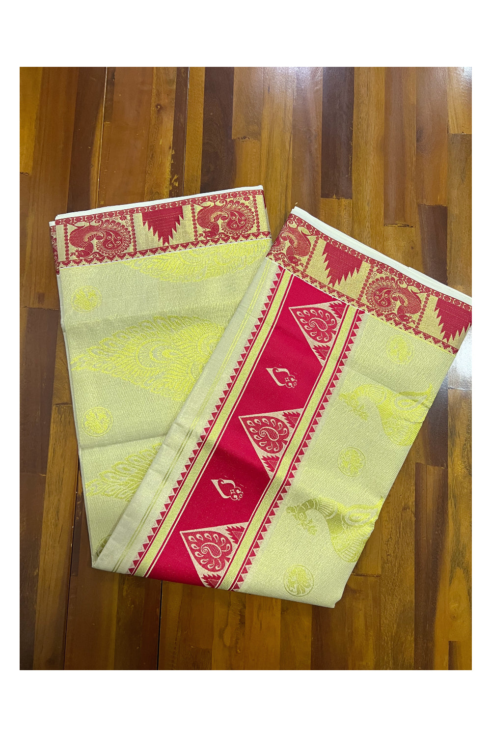 Kerala Tissue Kasavu and Red Heavy Woven Saree with Peacock Design