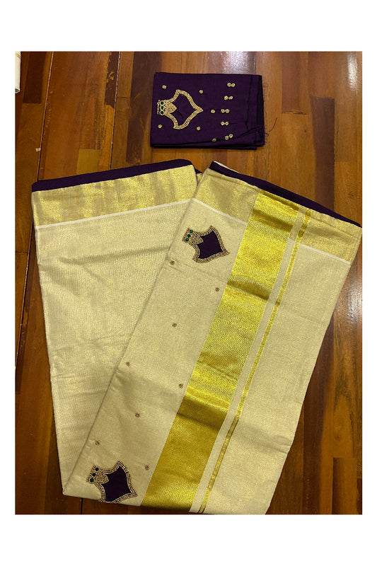 Kerala Tissue Kasavu Bead Work Designer Saree with Seperate Dark Violet Blouse Piece