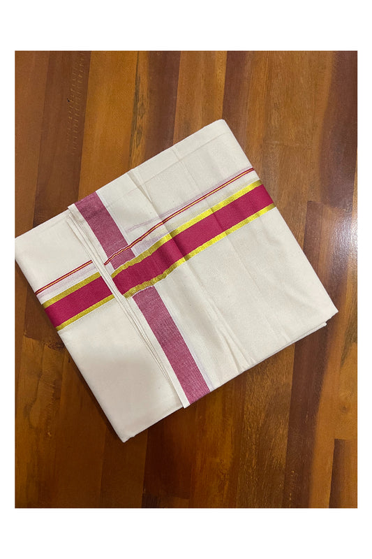 Off White Pure Cotton Double Mundu with Kasavu and Red Kara (South Indian Dhoti)