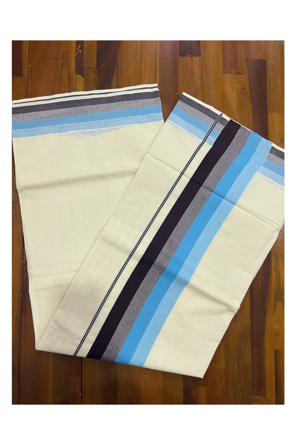 Kerala Cotton Saree with Dark Brown and Light Blue Lines Border Design