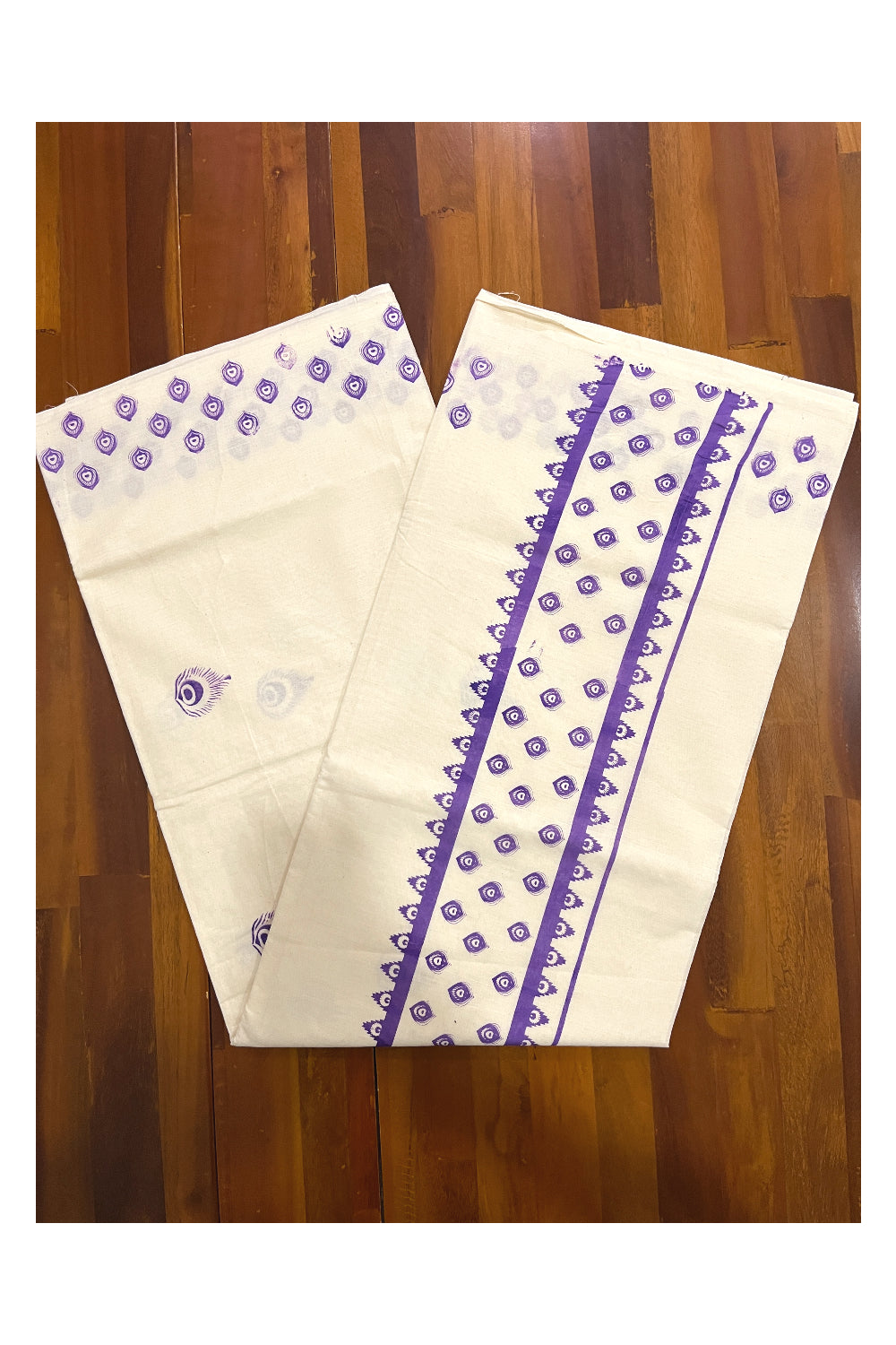 Pure Cotton Off White Kerala Saree with Violet Block Print Border (Onam 2024 Collection)