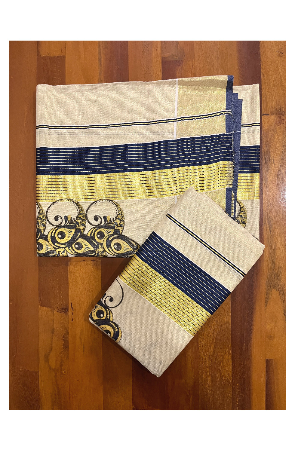 Kerala Tissue Set Mundu (Mundum Neriyathum) with Block Prints on Navy Blue and Kasavu Border 2.80 Mtrs