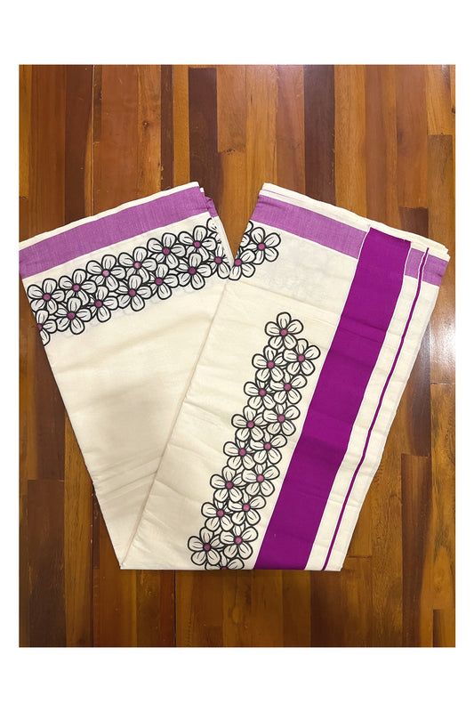 Pure Cotton Kerala Saree with Black Floral Block Prints and Magenta Border