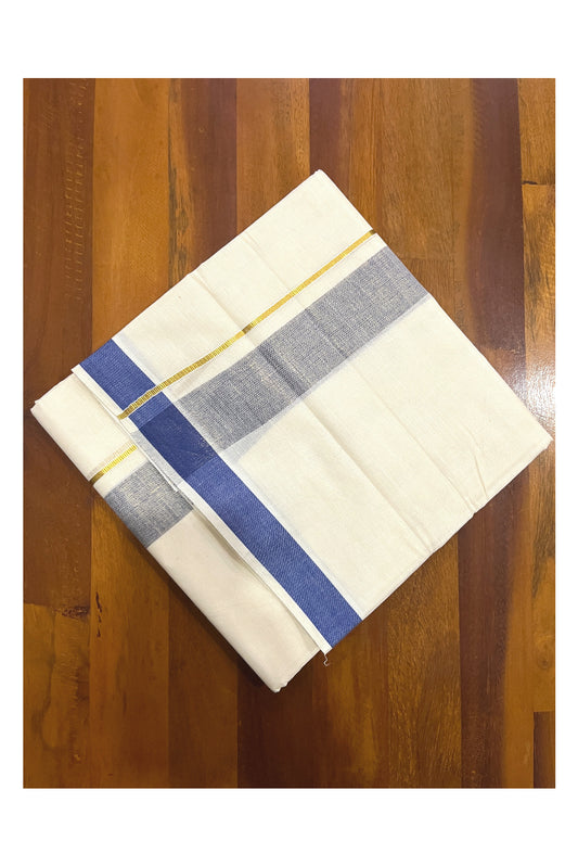 Pure Cotton Double Mundu with Kasavu Blue Kara (South Indian Dhoti)