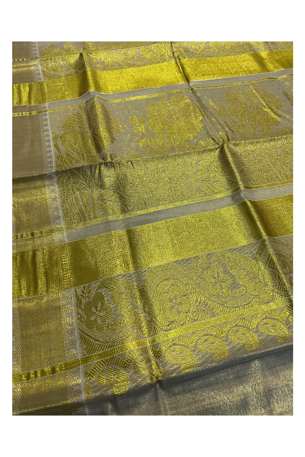 Kerala Tissue Kasavu Saree with Paisley Floral Woven Heavy Work Design