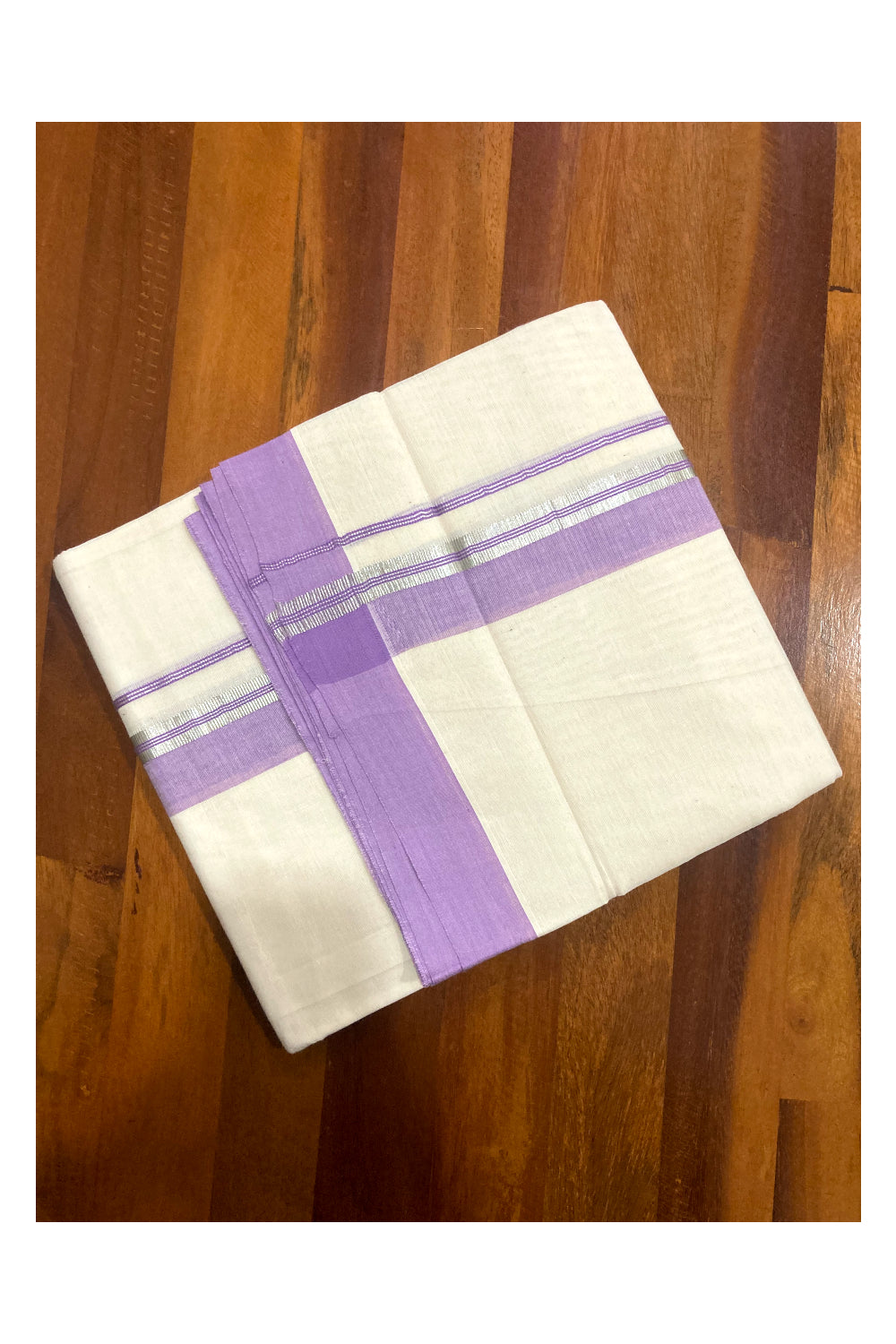 Pure Cotton Double Mundu with Violet and Silver Kasavu Border (South Indian Dhoti)