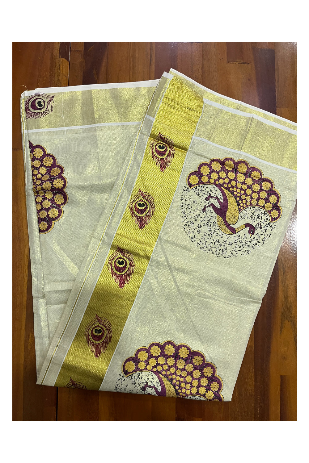 Kerala Tissue Kasavu Saree with Maroon Peacock Mural Printed Design