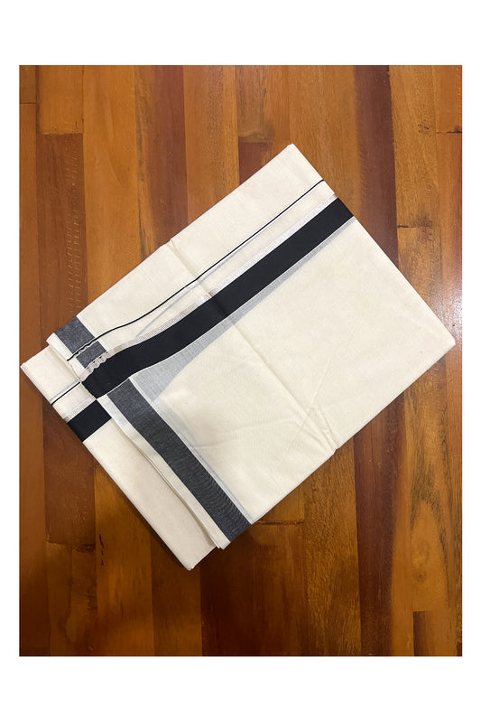 Pure Cotton Off White Double Mundu with Black and Silver Kasavu Kara (South Indian Dhoti)