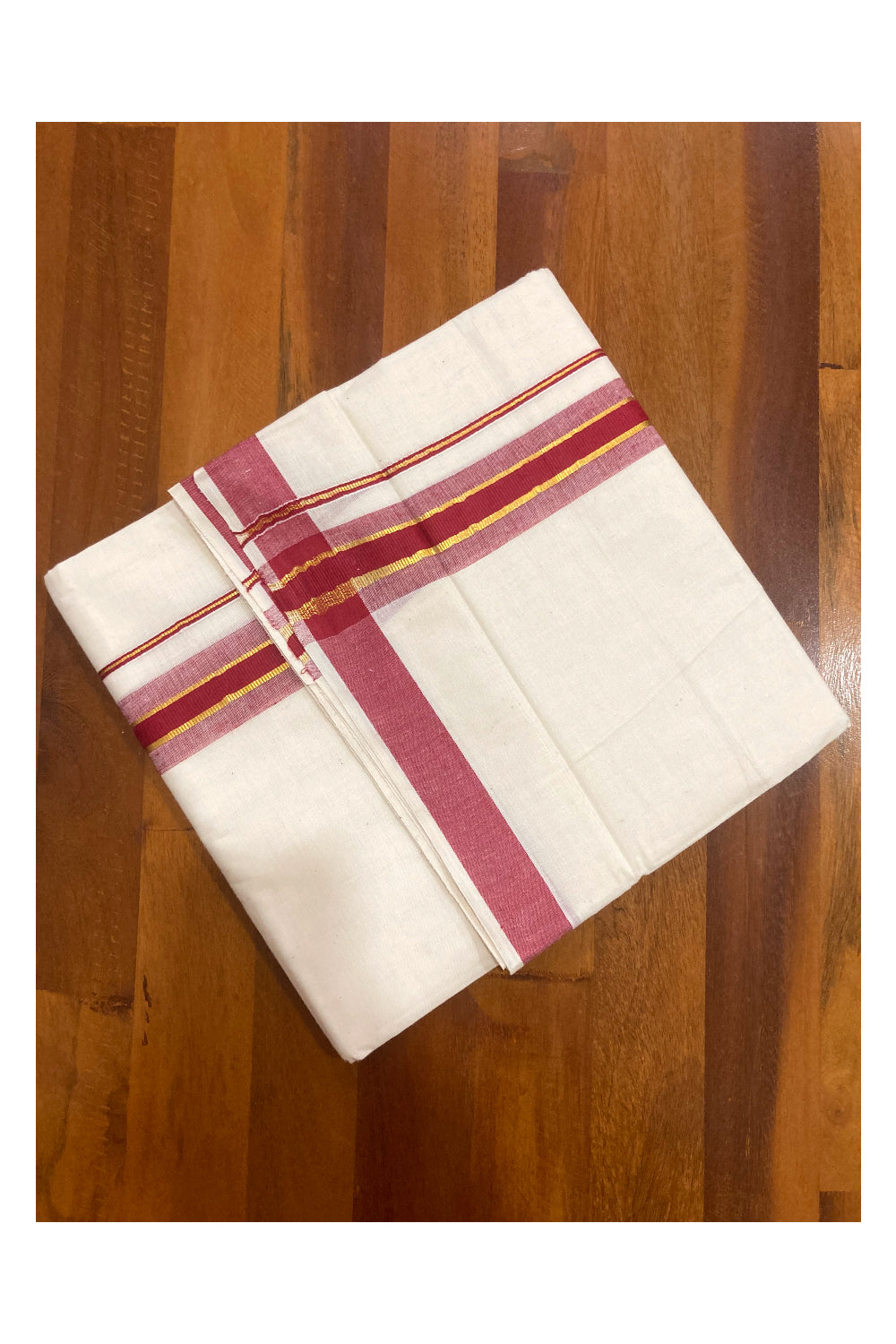 Pure Cotton Double Mundu with Maroon and Kasavu Border (South Indian Dhoti)