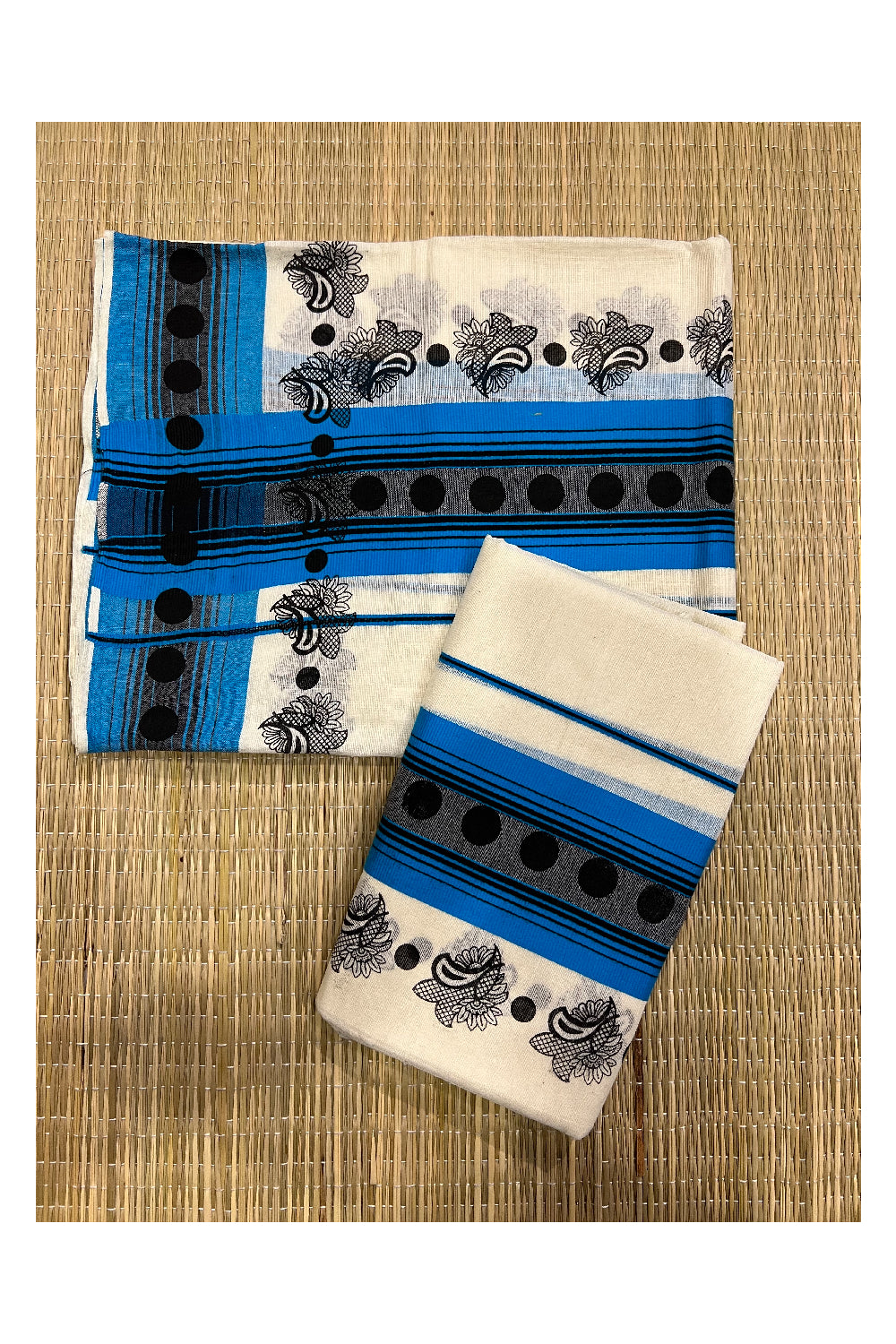 Kerala Cotton Set Mundu (Mundum Neriyathum) with Floral Block Prints on Blue and Black Border