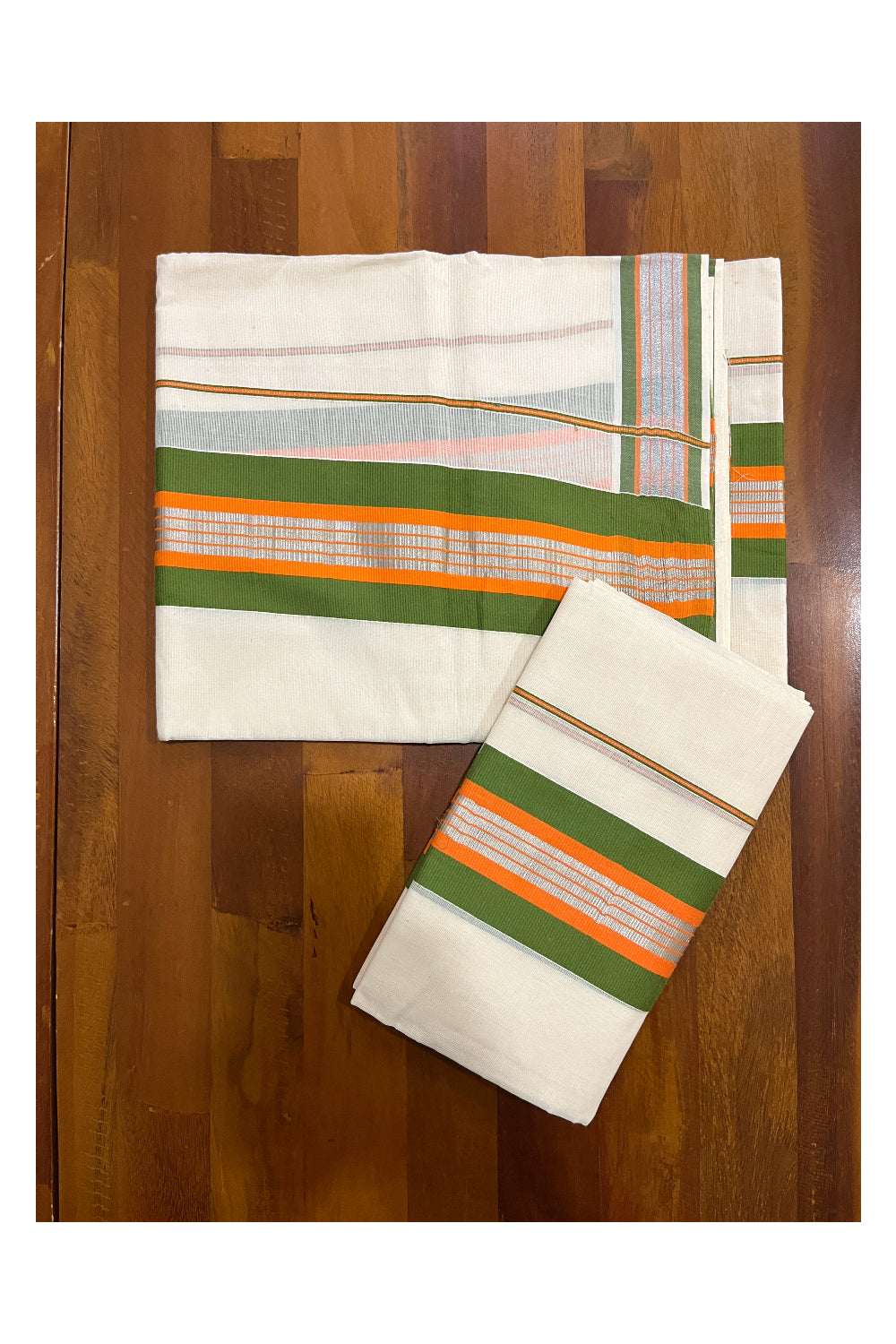 Pure Cotton Mundum Neriyathum Single (Set Mundu) with Silver Kasavu Green and Peach Border 2.80 Mtrs