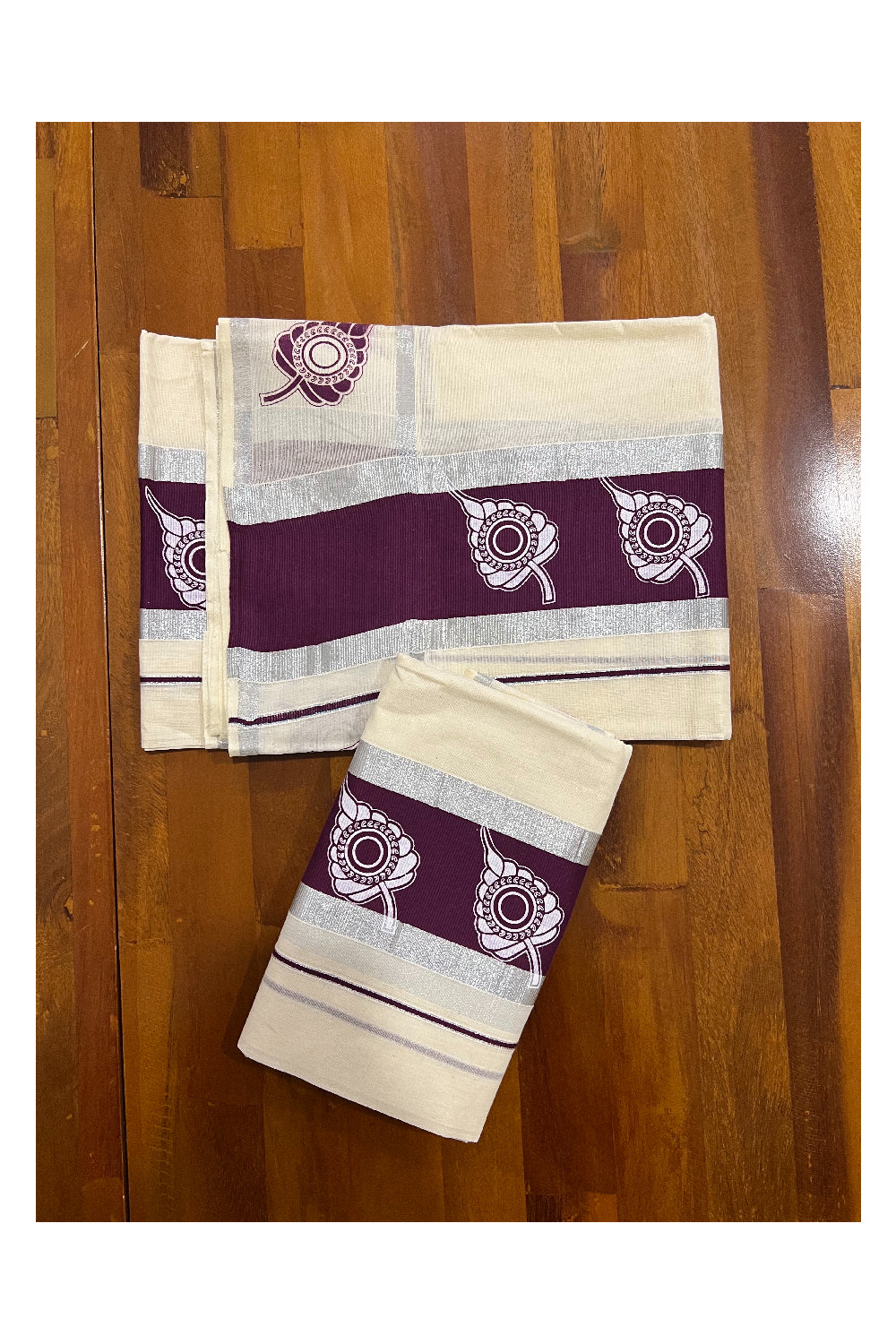 Kerala Cotton Silver Kasavu Set Mundu (Mundum Neriyathum) with Leaf Block Prints on Purple Border