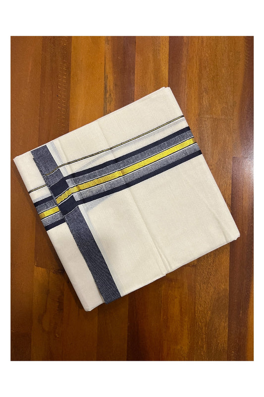 Pure Cotton Off White Double Mundu with Navy Blue and Kasavu Border (South Indian Dhoti)