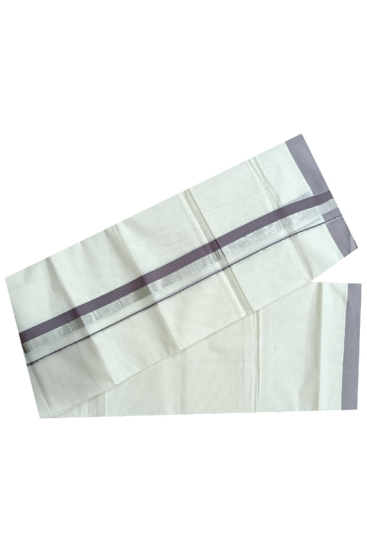 Off White Kerala Double Mundu with Silver Kasavu and Light Brown Kara (South Indian Dhoti)