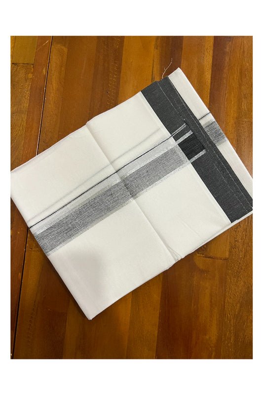 Pure White Kerala Cotton Double Mundu with Silver Kasavu and Black Border (South Indian Dhoti)