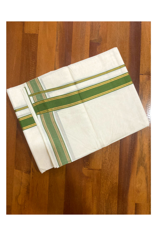 Off White Kerala Double Mundu with Kasavu and Green Border (South Indian Dhoti)