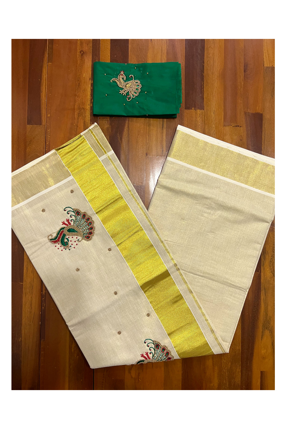 Kerala Tissue Kasavu Saree with Peacock Themed Bead Work Design and Green Blouse Piece