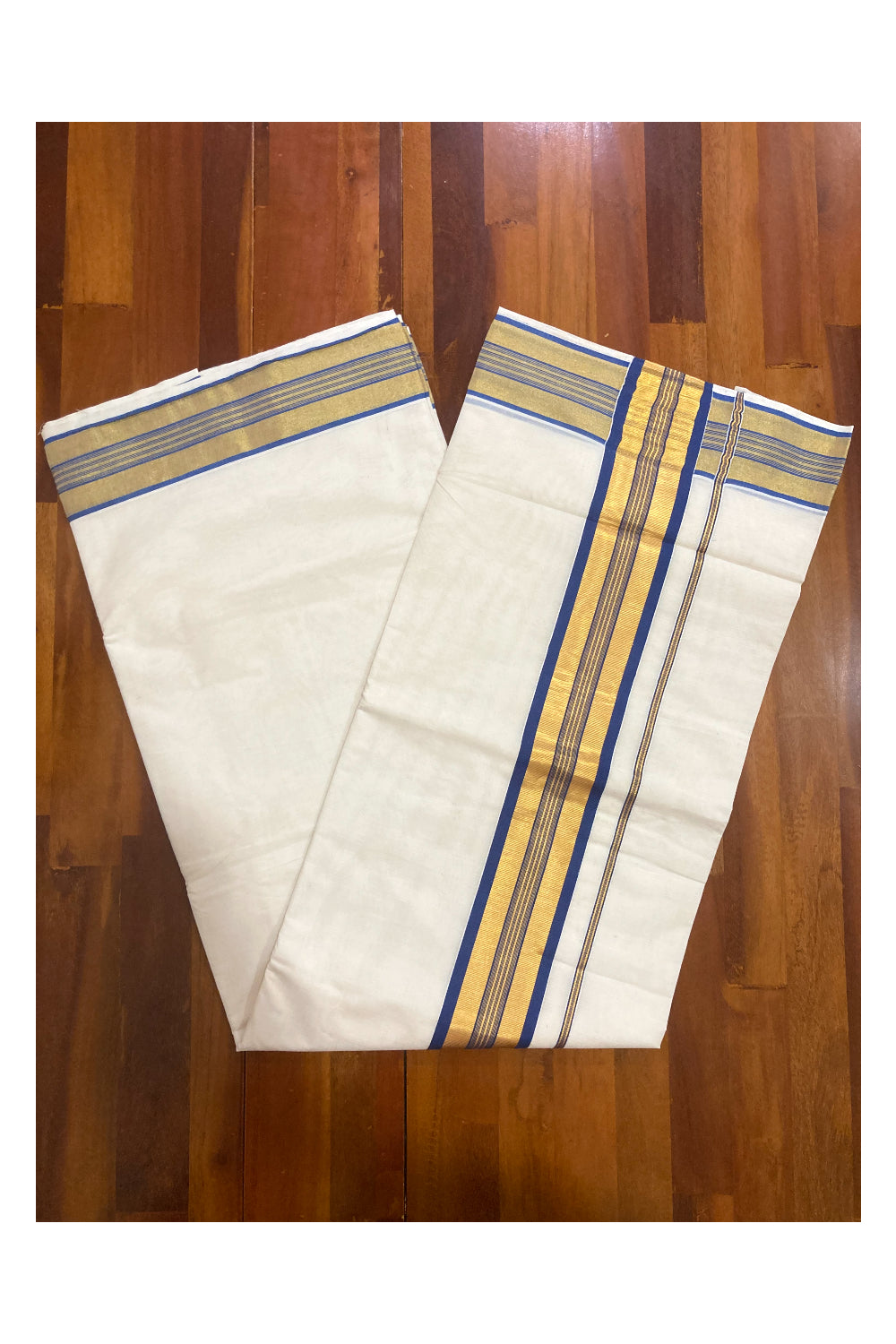 Kerala Pure Cotton Plain Saree with Kasavu and Blue Border