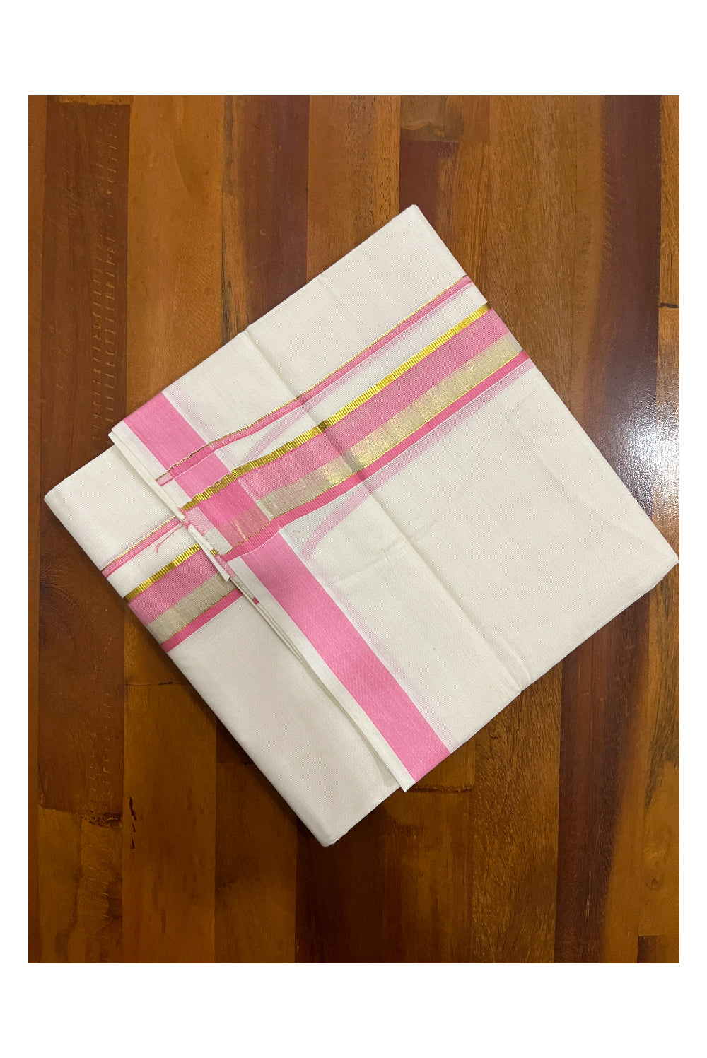 Pure Cotton Double Mundu with Kasavu Pink Kara (South Indian Kerala Dhoti)