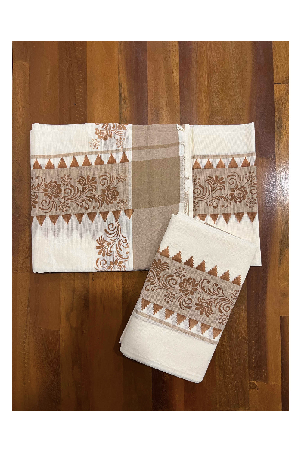 Kerala Cotton Set Mundu (Mundum Neriyathum) with Brown Floral Block Printed Temple Border