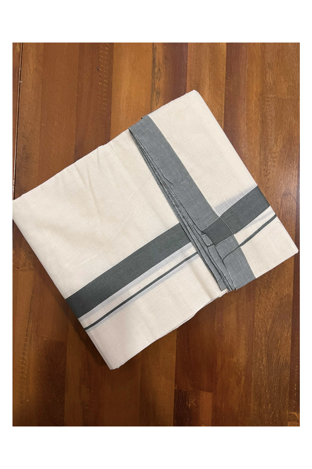 Off White Pure Cotton Double Mundu with Greenish Grey Kara (South Indian Dhoti)