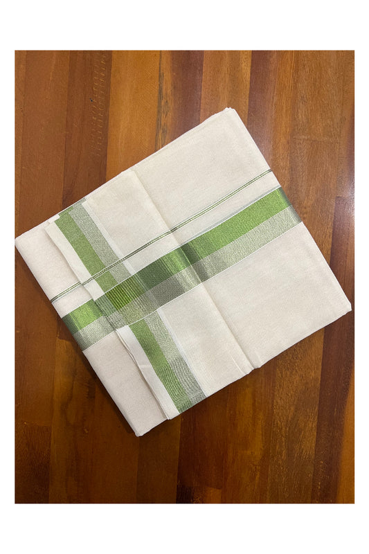 Southloom Balaramapuram Handloom Pure Cotton Mundu with Silver and Light Green Kasavu Border (South Indian Dhoti)