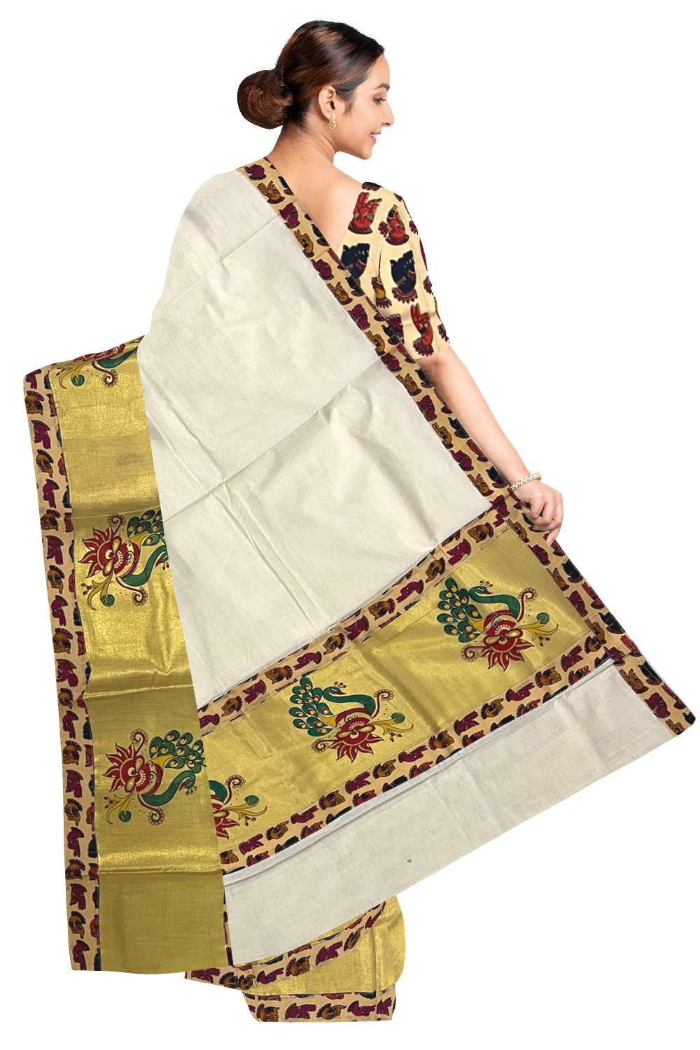 Kerala Pure Cotton Fusion Art Beige Hand Figures and Peacock Printed Kasavu Saree with Printed Blouse Piece