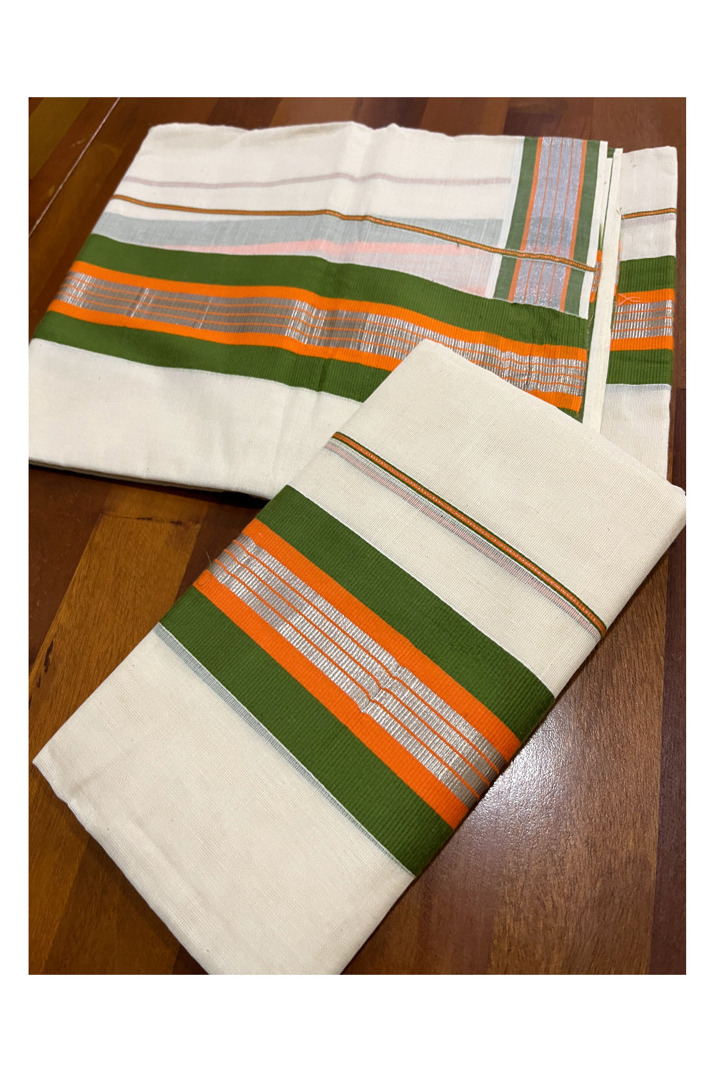 Pure Cotton Mundum Neriyathum Single (Set Mundu) with Silver Kasavu Green and Peach Border 2.80 Mtrs