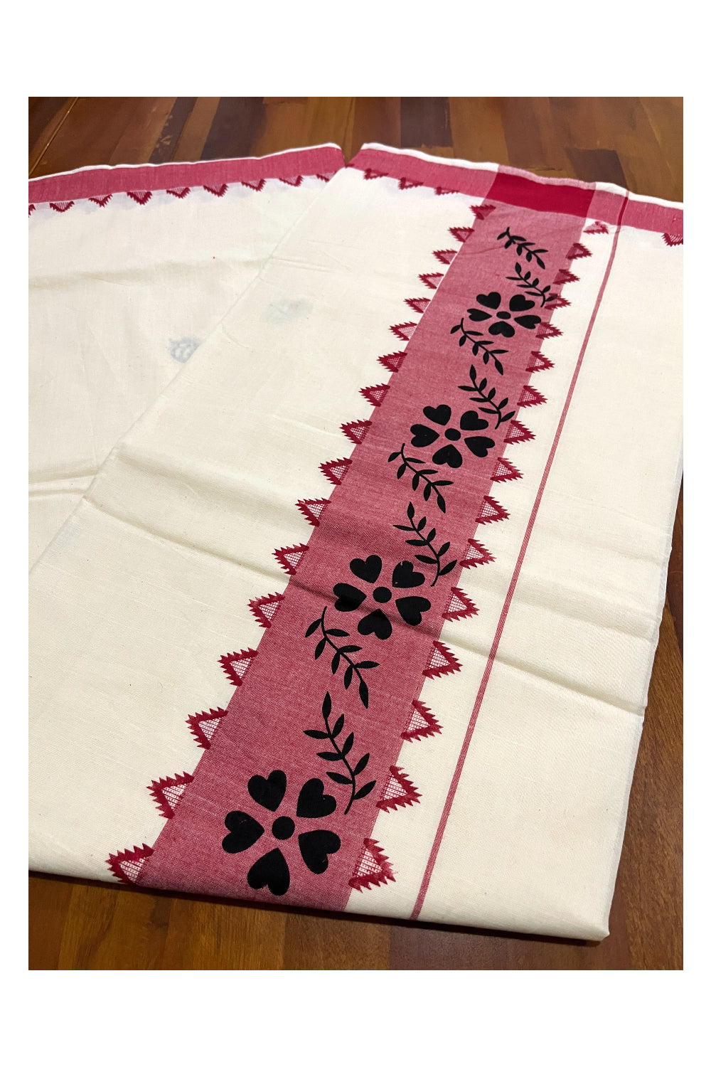 Pure Cotton Off White Kerala Saree with Red Temple Block Prints on Border (Vishu Saree 2023)