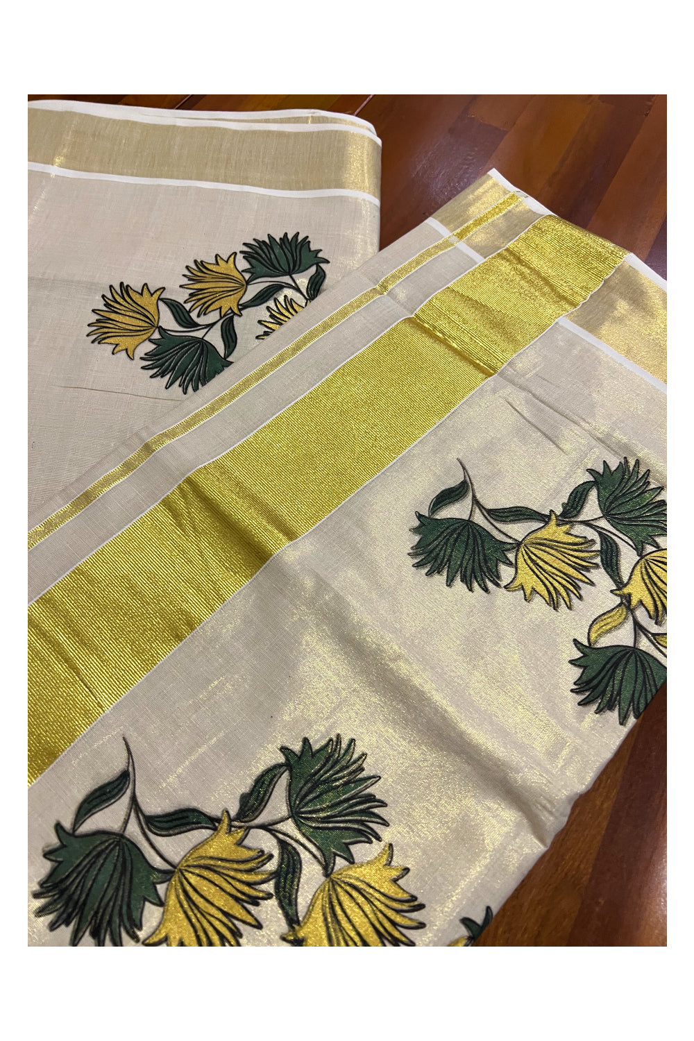 Kerala Tissue Kasavu Saree With Mural Printed Dark Green and Yellow Floral Design