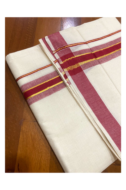 Pure Cotton Double Mundu with Maroon and Kasavu Border (South Indian Dhoti)